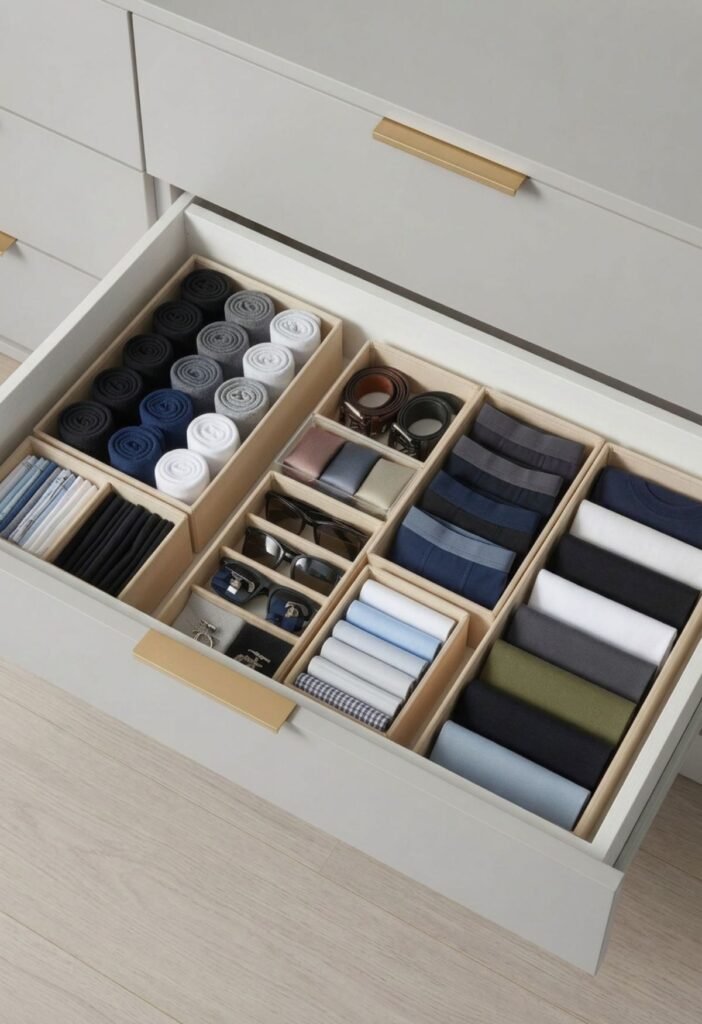 Bedroom drawer organization with drawer dividers for clothes and accessories