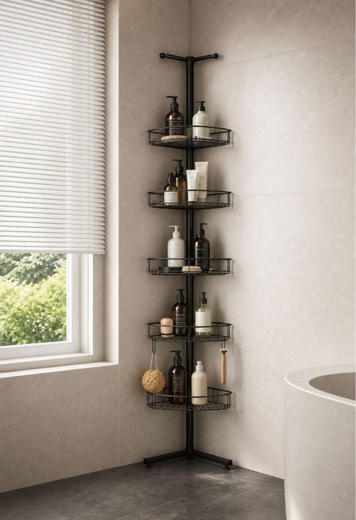 Rust-resistant corner shower caddy organizing shampoo conditioner and bathroom bottles