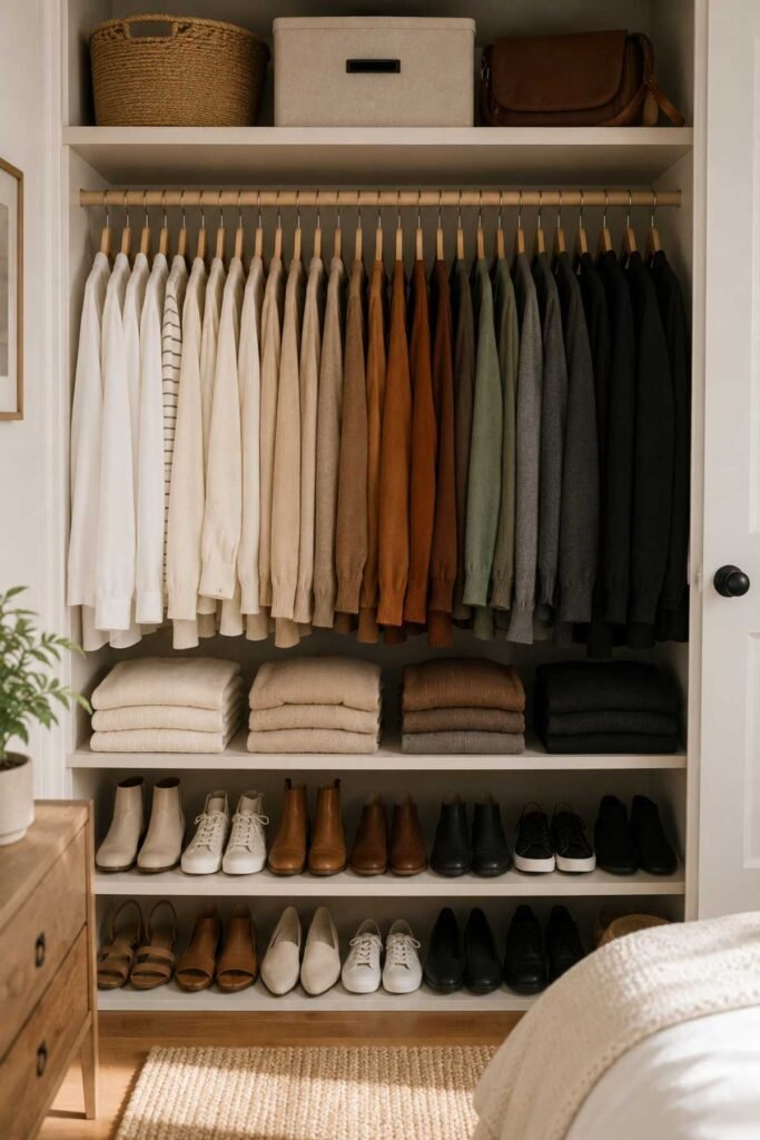 Closet with clothes neatly organized by color