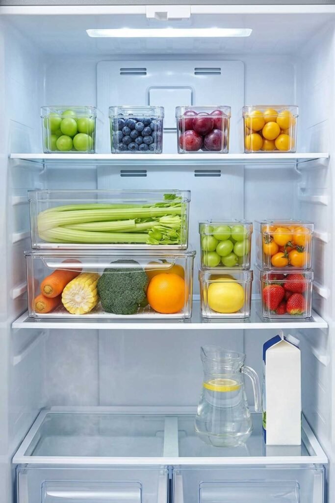 Refrigerator organized with clear storage bins for food categories