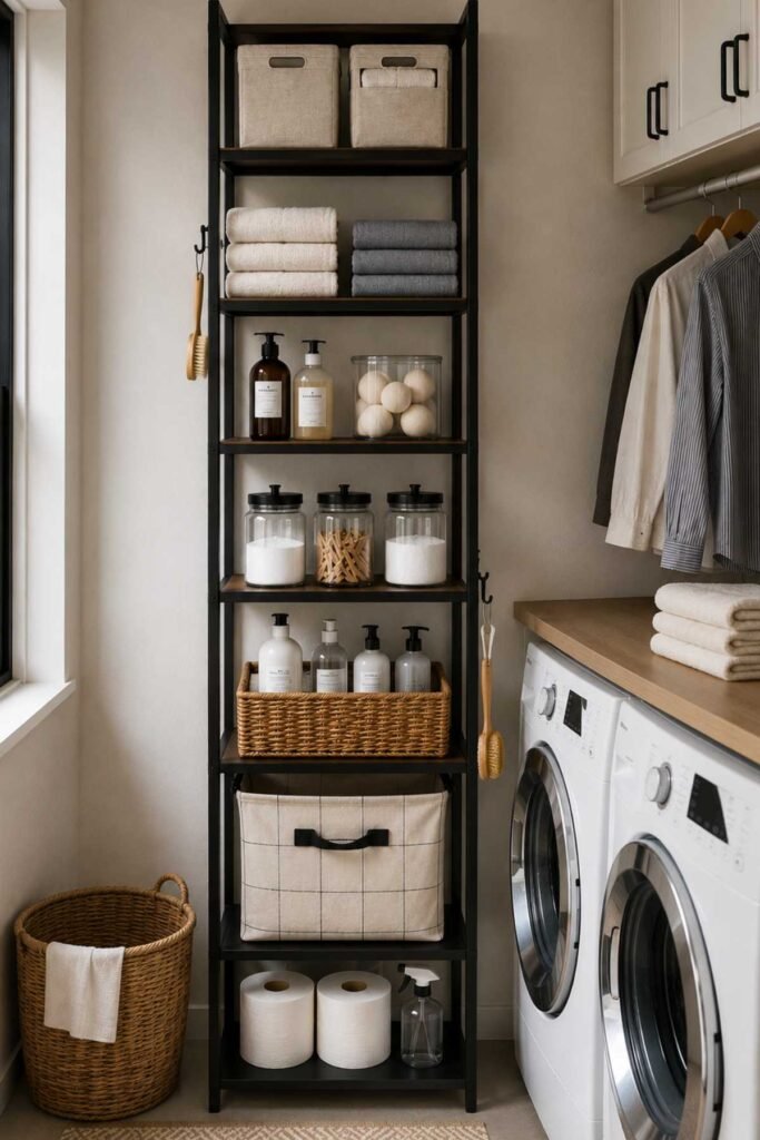 Small Laundry Room Organization Ideas with vertical shelving beside washer and dryer