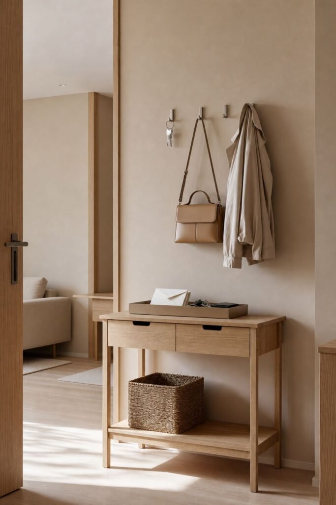 Living room organization ideas with entrance drop zone, console table, and wall hooks