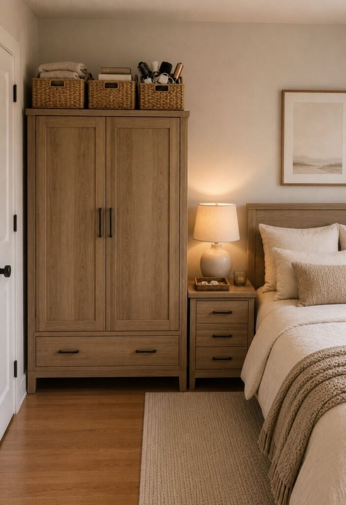 Bedroom storage baskets organizing blankets books and everyday essentials