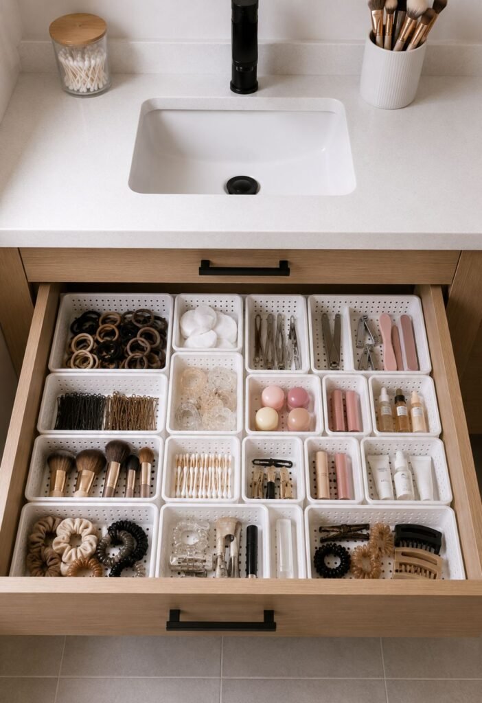 Bathroom drawer with adjustable dividers organizing hair ties tweezers and small accessories