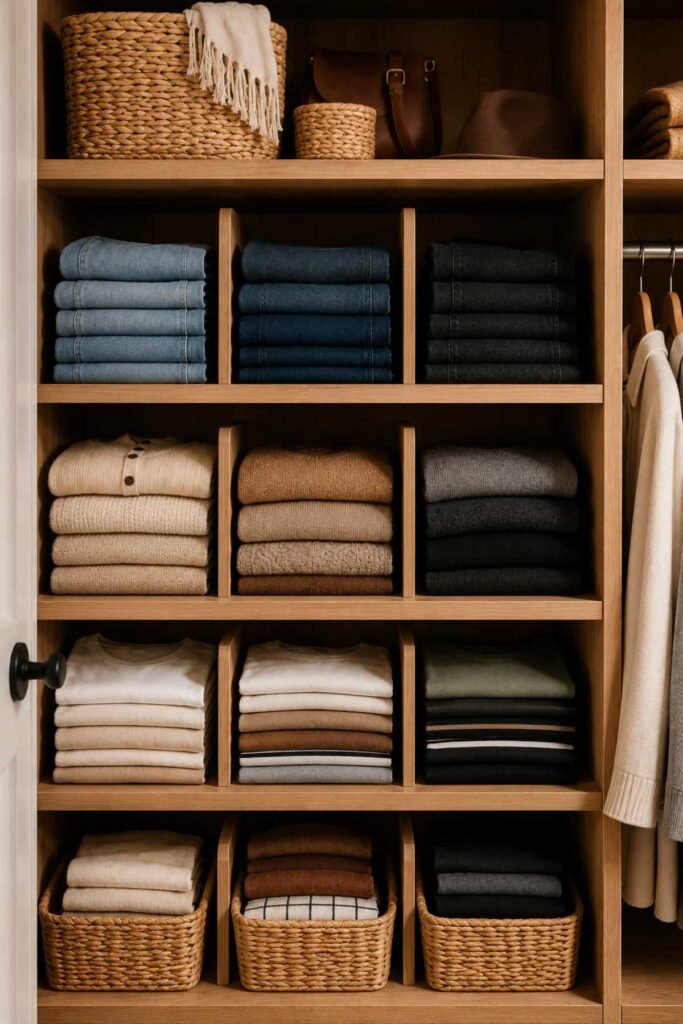 Closet shelves with dividers keeping clothes neatly stacked