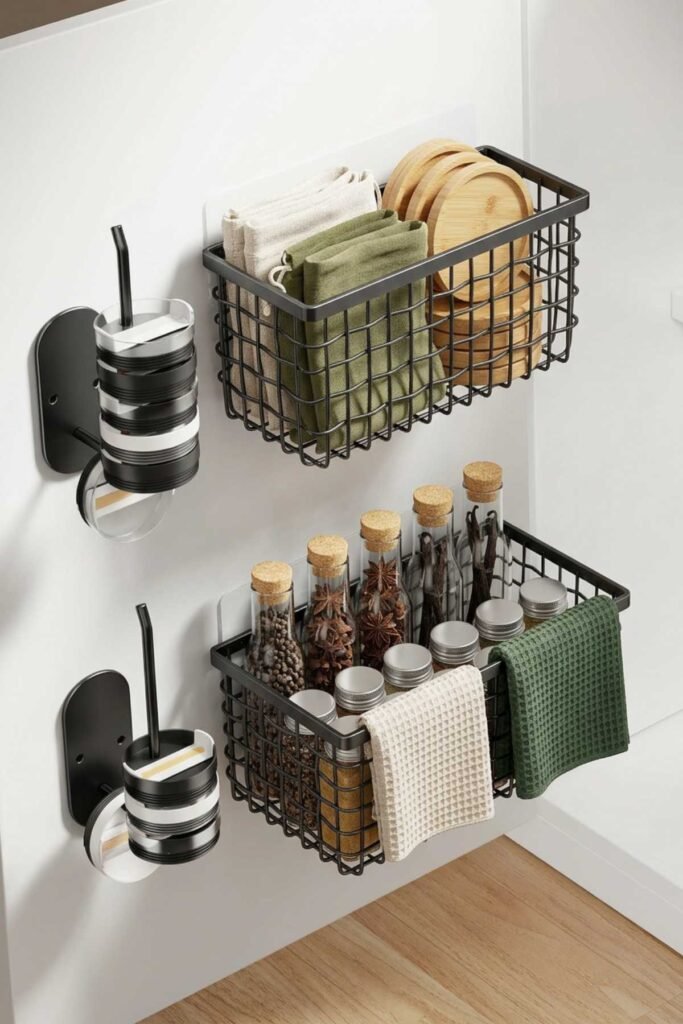 Kitchen cabinet door with mounted organizers holding wraps and kitchen accessories