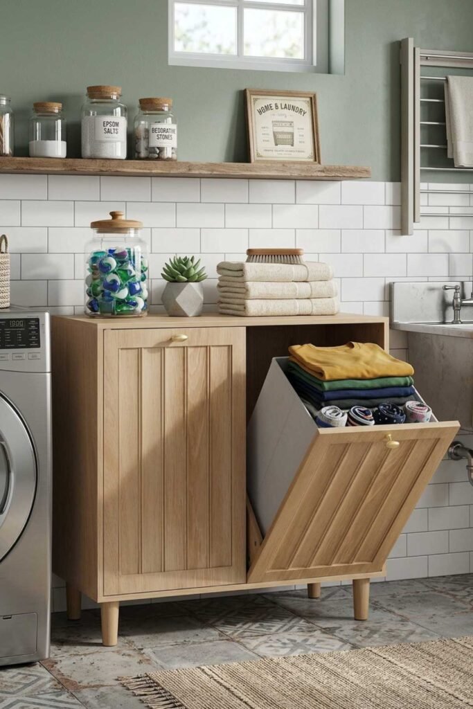 Laundry Room Organization Ideas with pull out hampers inside lower cabinets