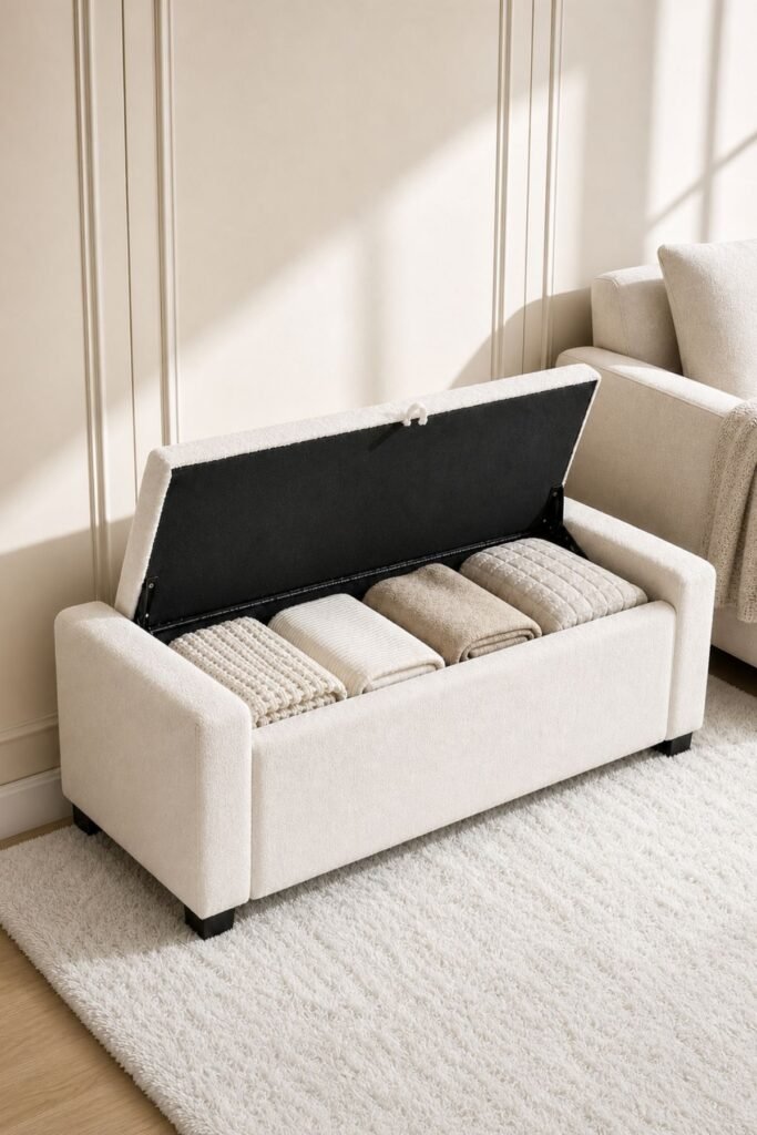 Living room organization ideas with stylish storage bench near window