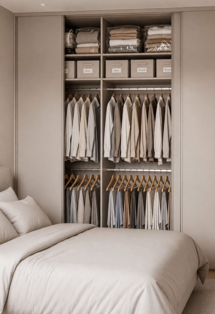 Seasonal clothing stored in labeled bins under the bed for bedroom organization