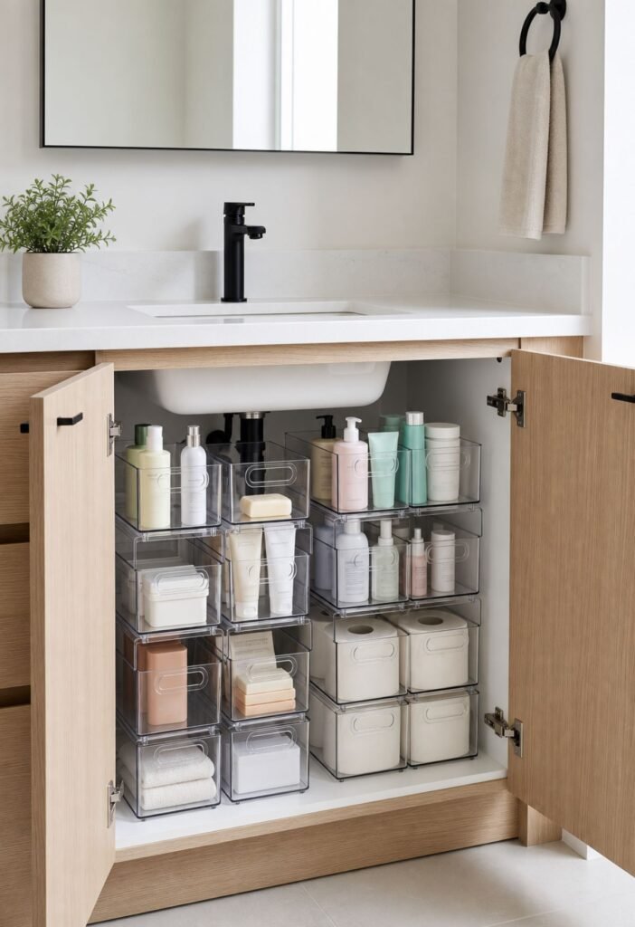 Stackable clear bins organizing bathroom storage under the sink