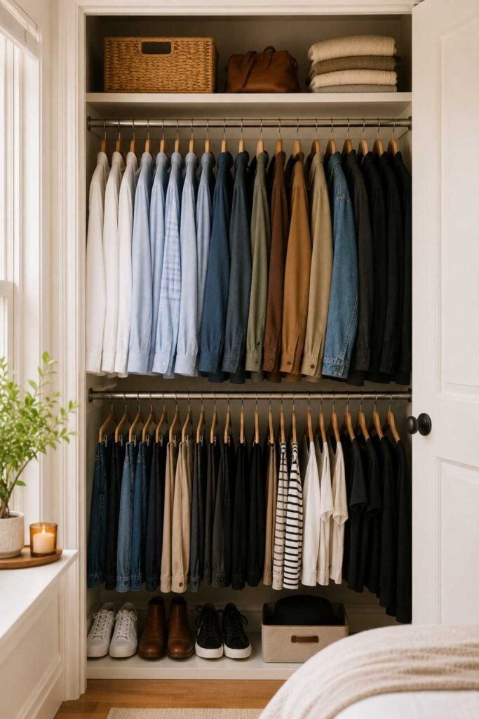 Closet with double hanging rods for extra clothing space