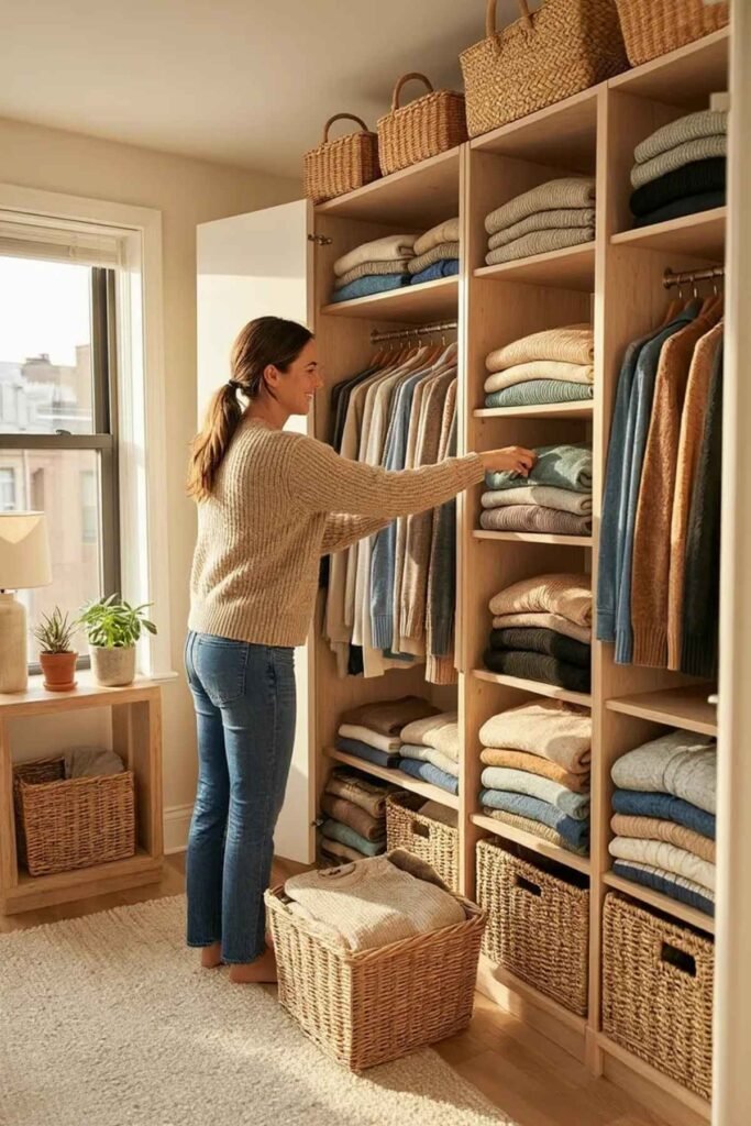 Closet organized with seasonal clothes rotated for easy access