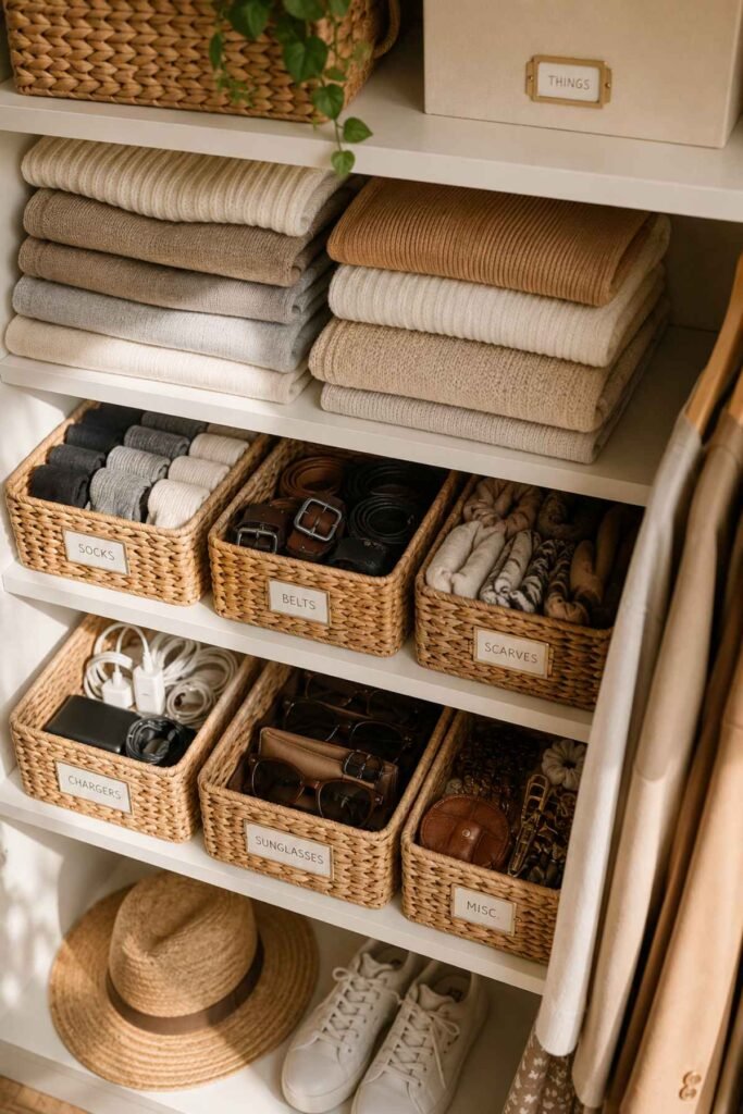 Woven storage baskets organizing small items on closet shelves