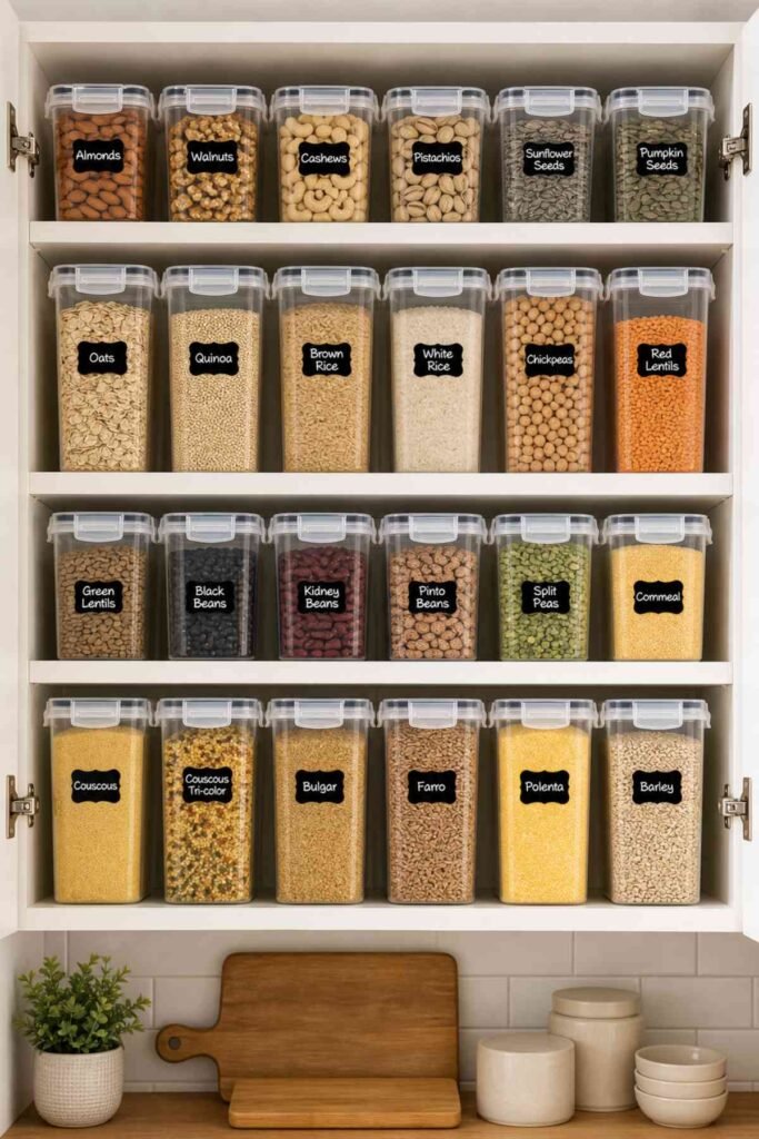Pantry shelves with matching storage containers organized neatly