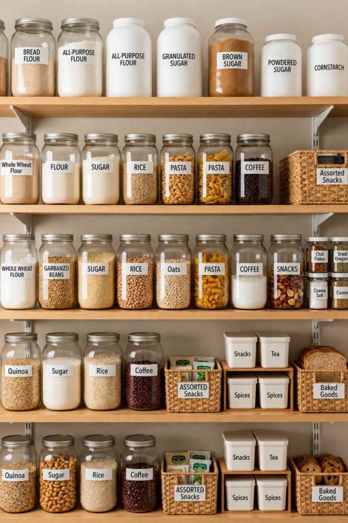 Labeled pantry jars and containers arranged neatly on kitchen shelves