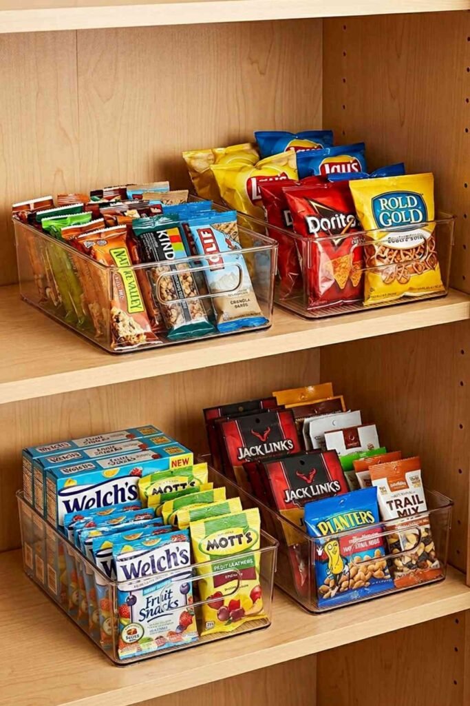 Pantry shelves with shallow organized storage bins for food items