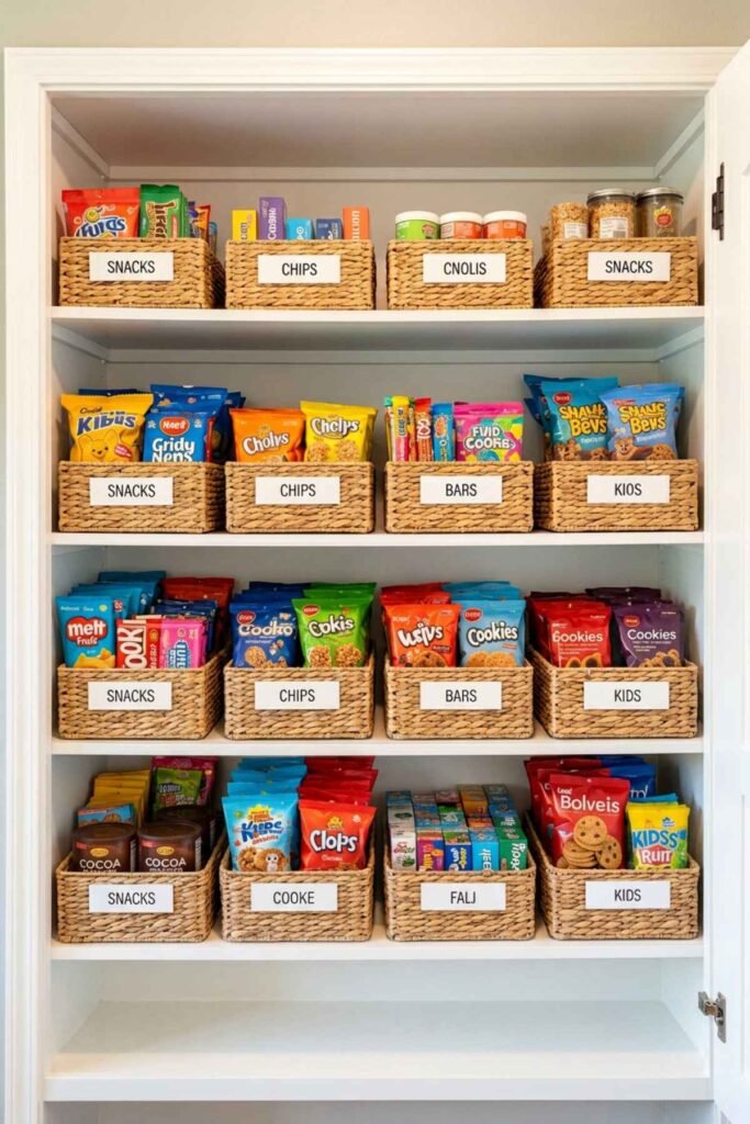 Pantry snack station with organized baskets and snack containers