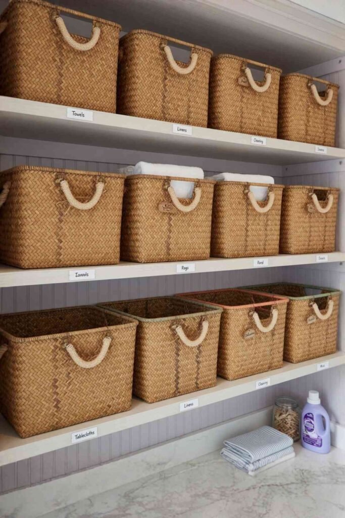 Laundry Room Organization Ideas with matching woven baskets on shelves