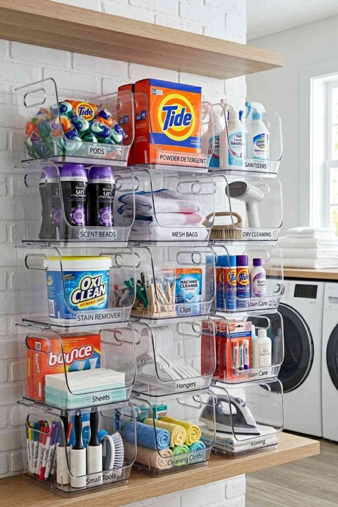 Small Laundry Room Organization Ideas with stackable storage bins beside washer