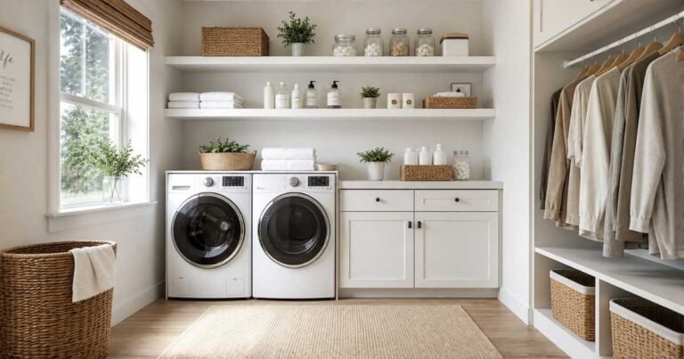 Laundry room organization ideas with shelves, baskets, cabinets, and organized laundry supplies