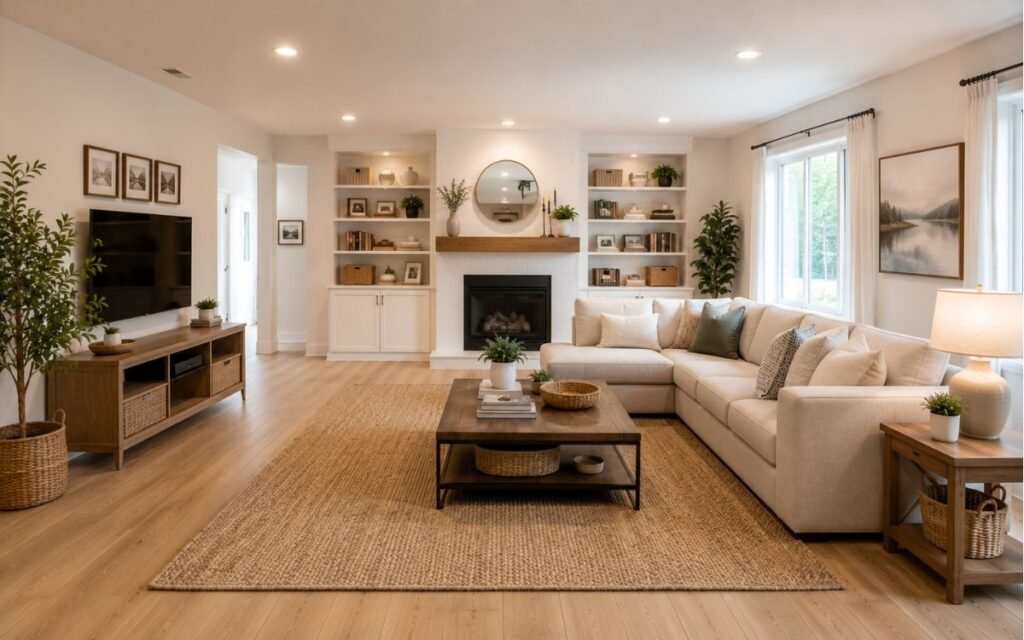 Modern living room organization ideas with clean furniture, hidden storage, and clutter-free cozy space