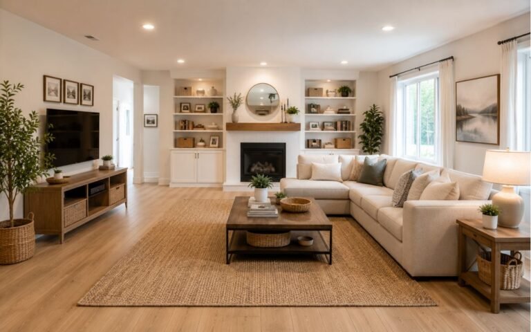 Modern living room organization ideas with clean furniture, hidden storage, and clutter-free cozy space