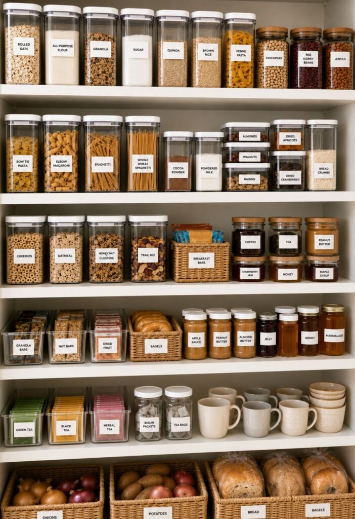 Labeled pantry containers organizing flour, sugar, pasta, cereal, and baking supplies