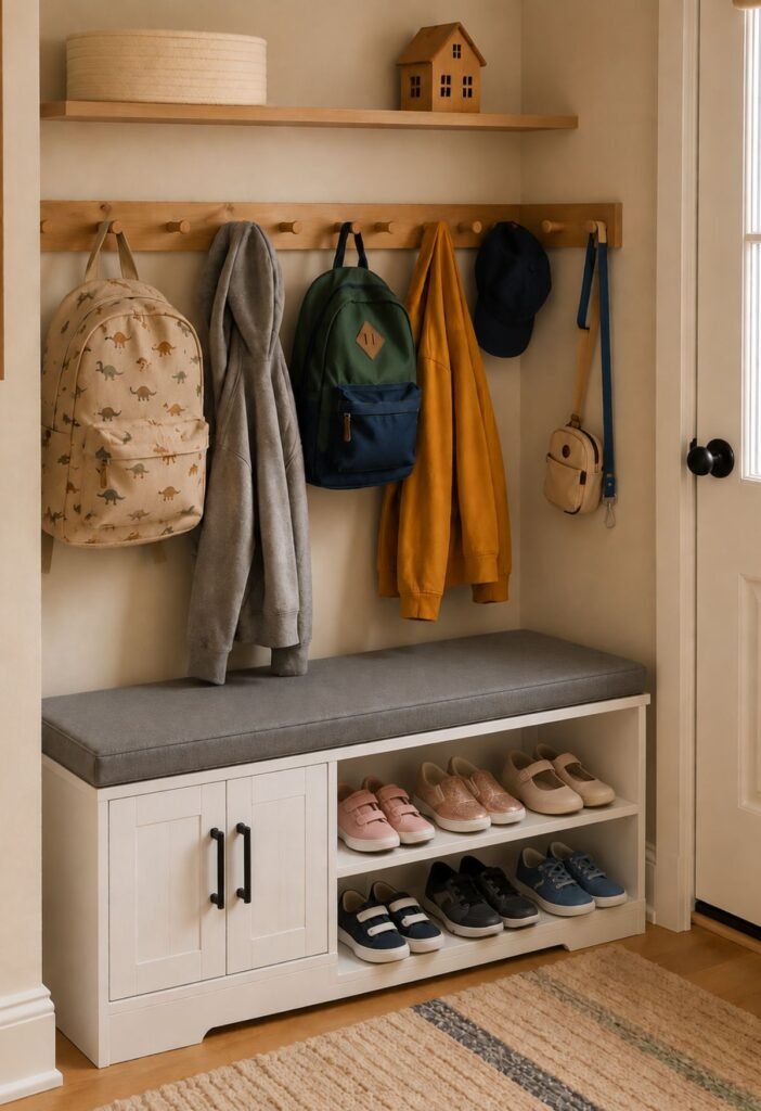 Child friendly wall hooks for jackets backpacks hats and bags in kids room