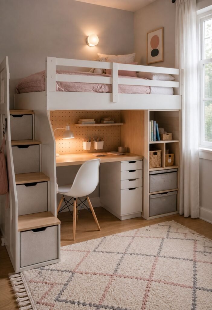 Lofted bed creating extra storage space in a small kids room