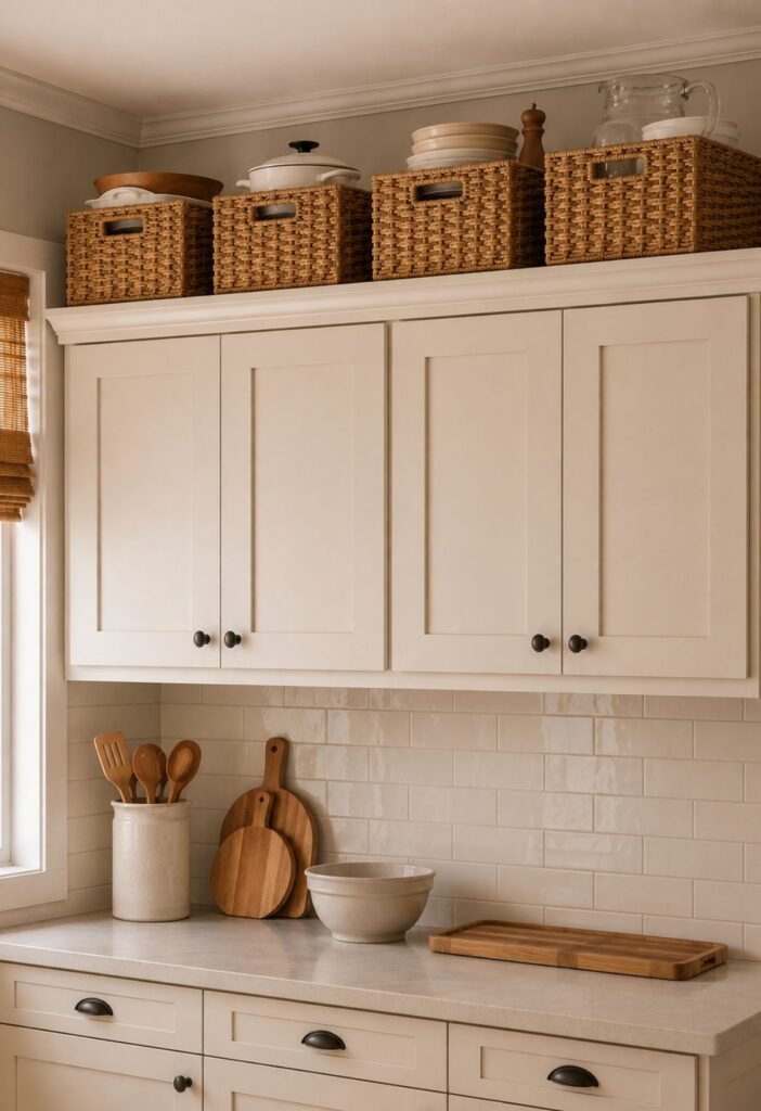 Small kitchen using the space above cabinets for organized storage