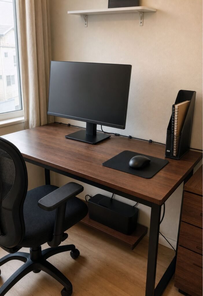 Organized computer cables on a small home office desk