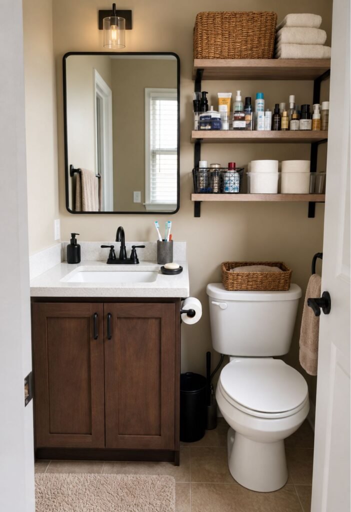 Small bathroom with toiletries and family essentials organized in designated storage areas