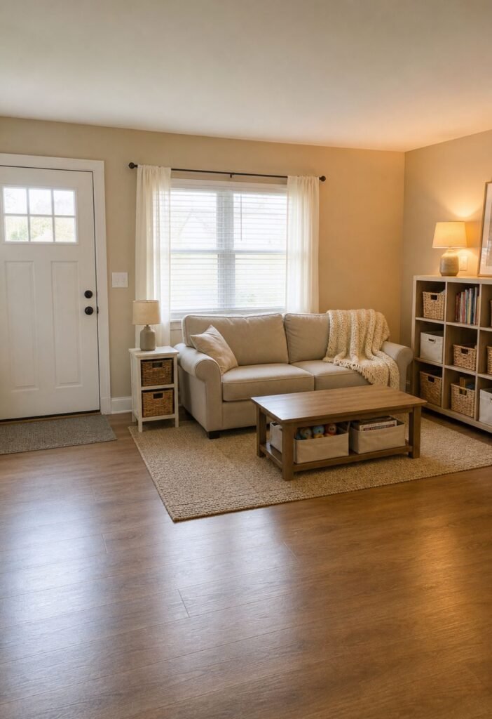 Clear floor in an organized small living room