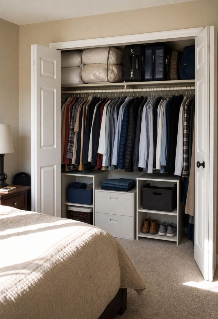 Bedroom closet with bulky items stored away from everyday clothing