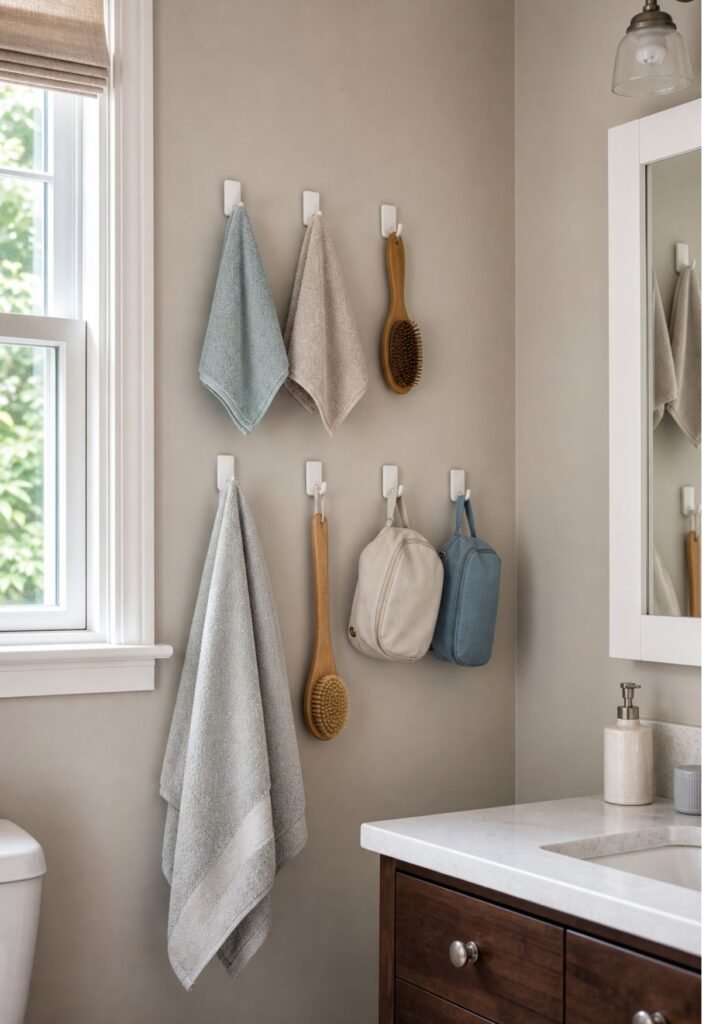 Adhesive bathroom hooks holding lightweight everyday items in a small bathroom