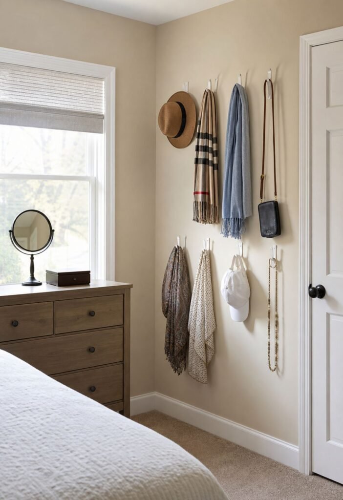 Small bedroom accessory wall with hooks for organized storage