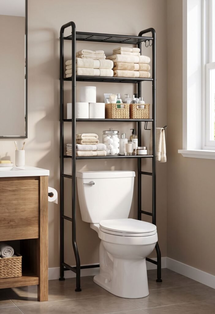 Bathroom storage shelves above the toilet in a small family bathroom