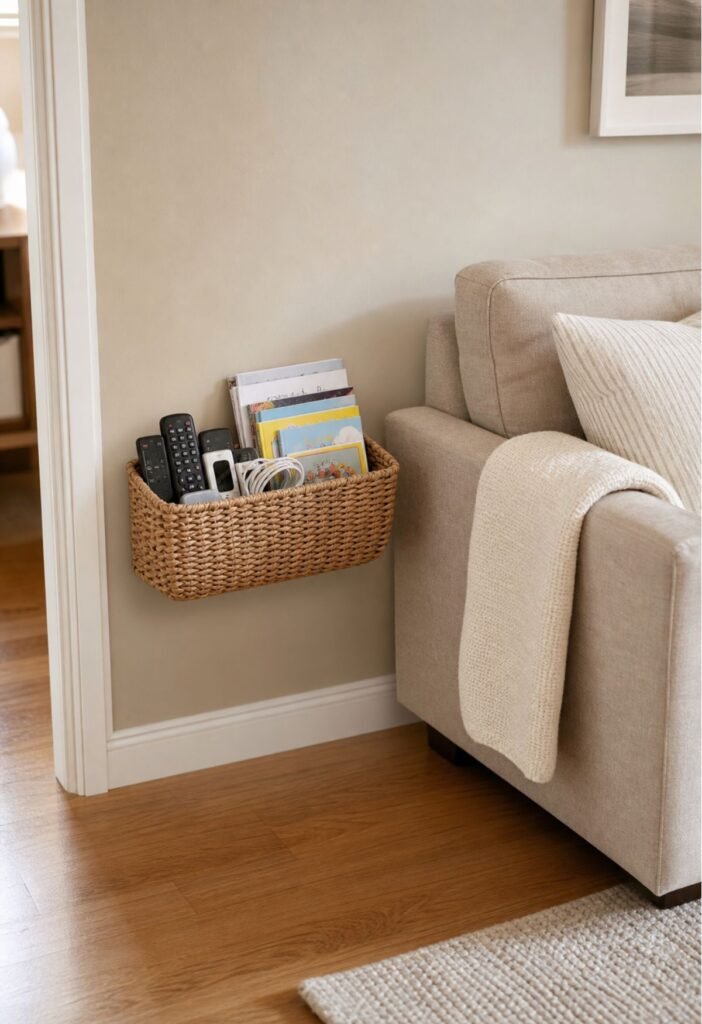 Wall-mounted basket for everyday items in a small living room
