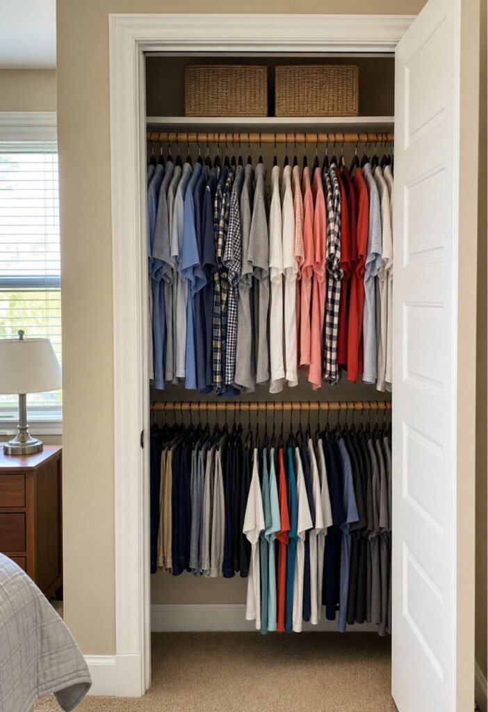 Second hanging rod inside closet for increased clothing storage