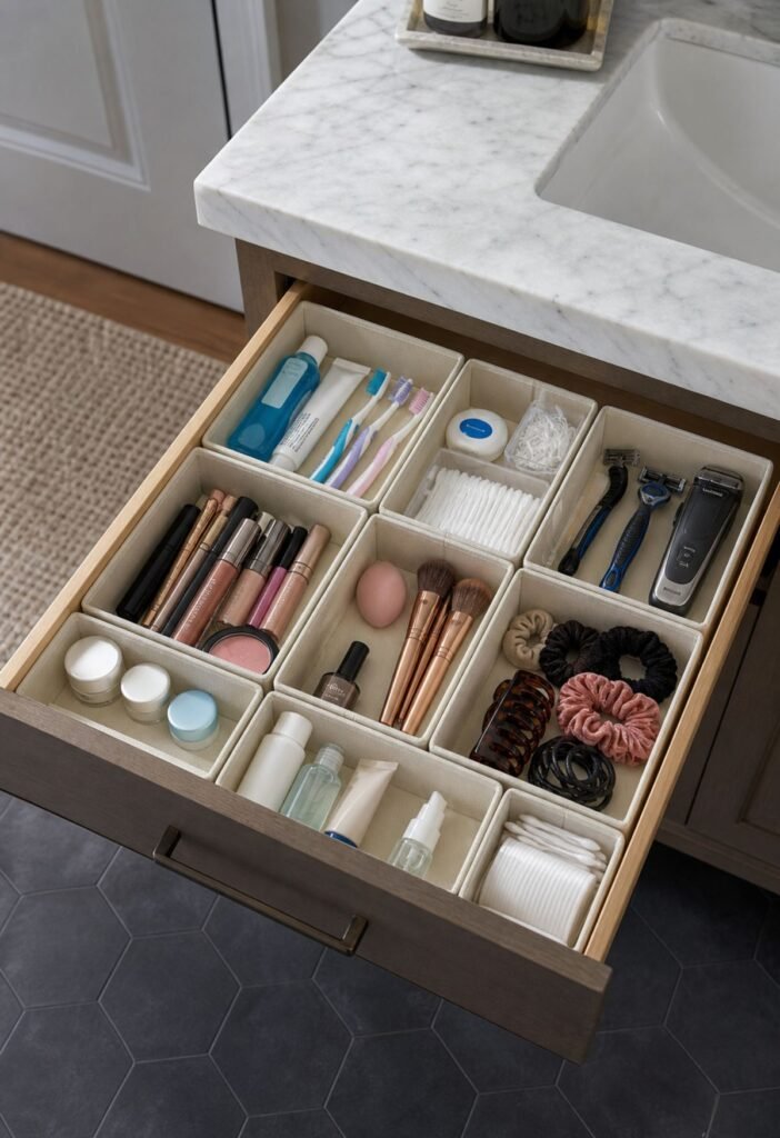 Bathroom drawer dividers organizing toiletries for multiple family members