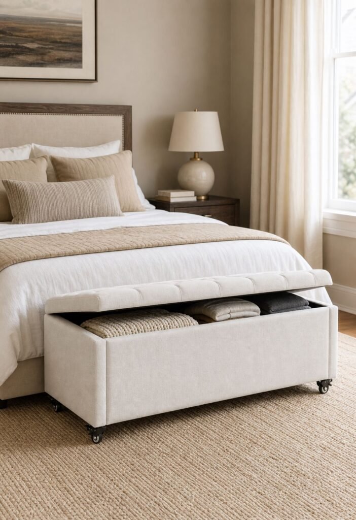 Storage bench at the end of a bed for bedroom organization