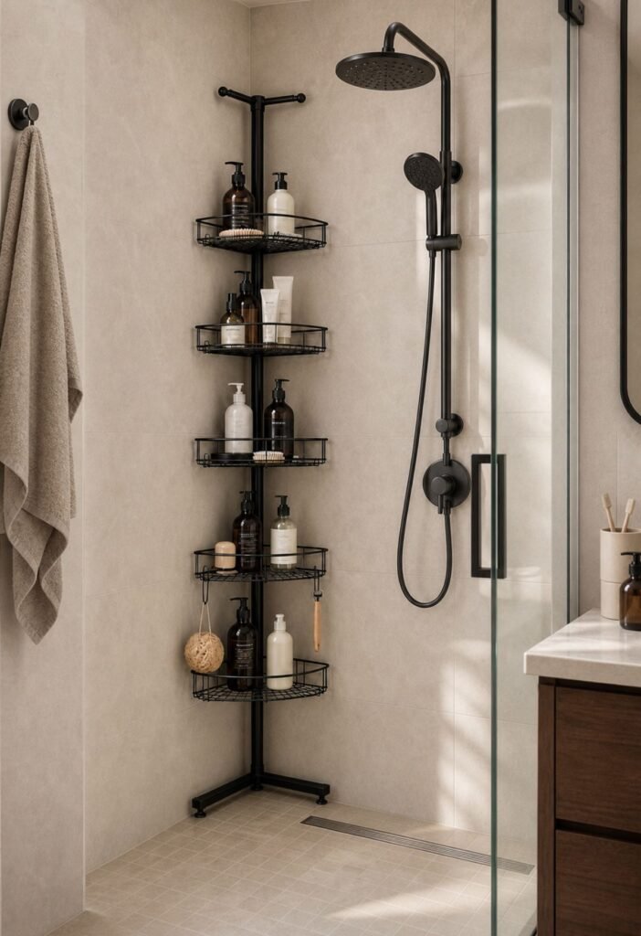 Corner shower shelf holding shampoo and family bath products
