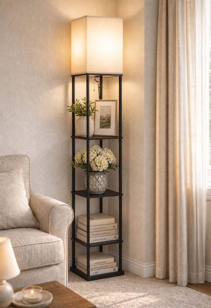 Corner floor lamp with shelf for small living room storage