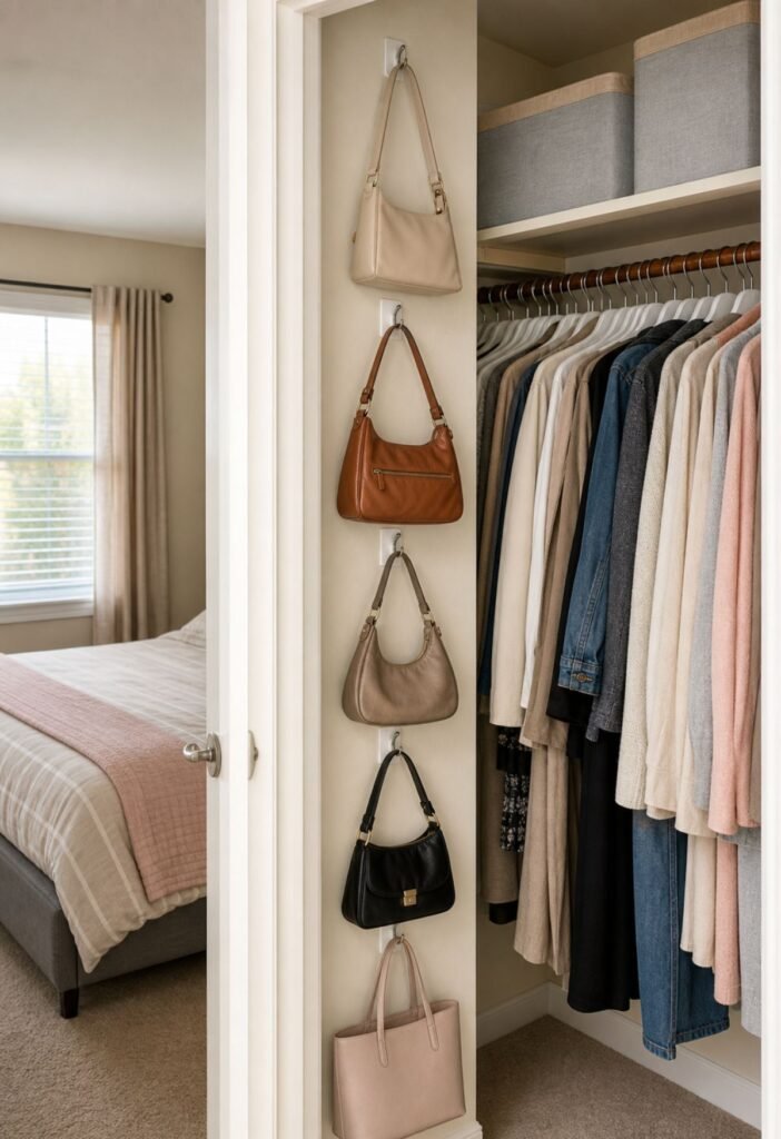 Handbags organized on individual hooks in a bedroom closet