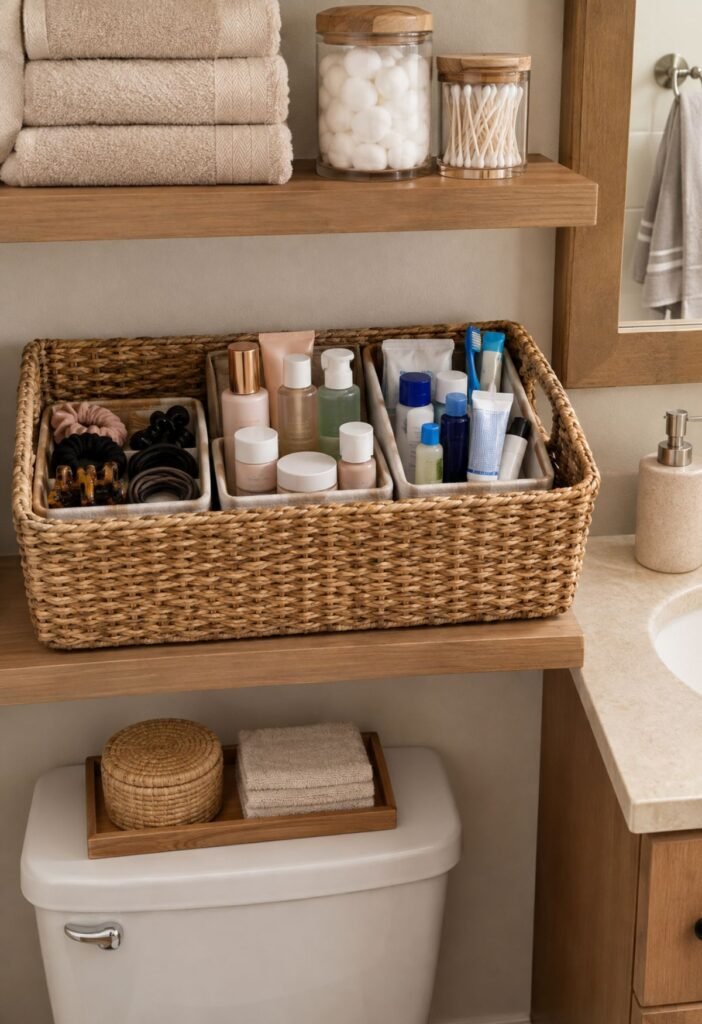 Large bathroom basket divided into smaller storage zones for family essentials