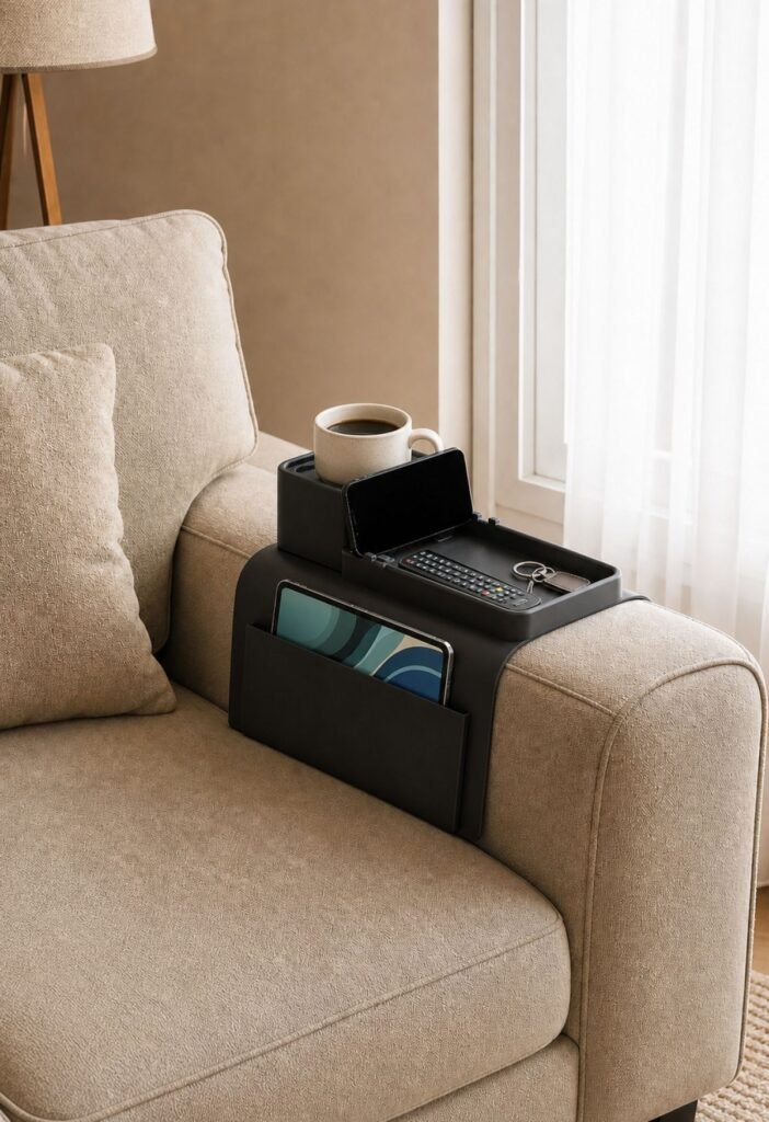 Storage armrest organizer for small living room