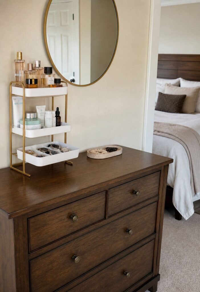 Dresser top with tiered organizer for vertical bedroom storage