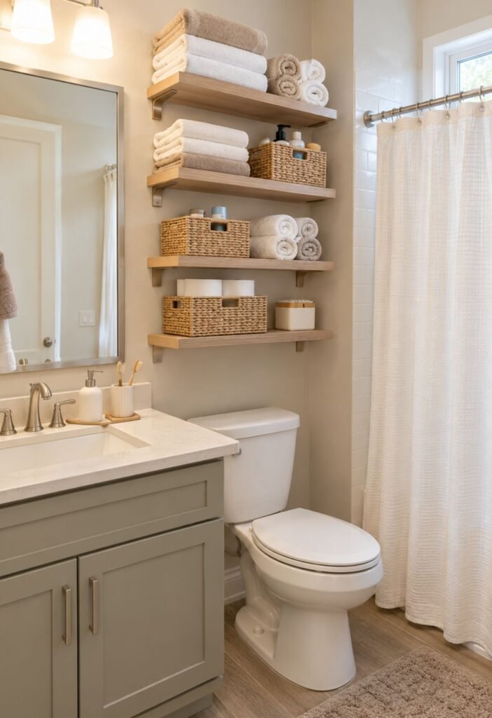 Folded and rolled towels stored on wall shelves in a small bathroom