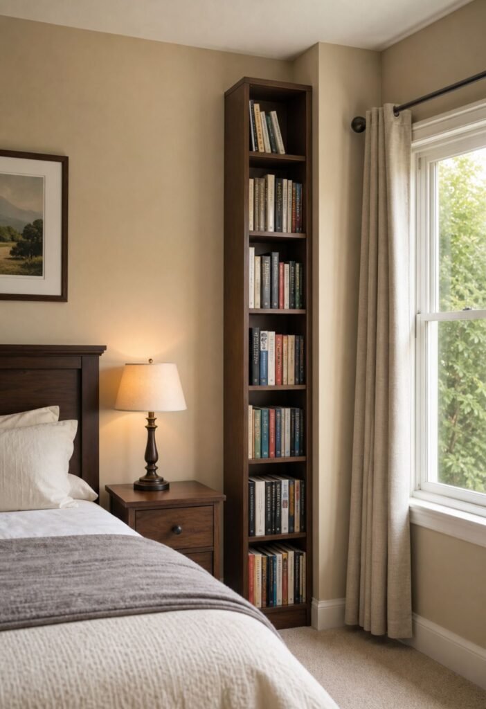 Dedicated bedroom book storage with organized books on a narrow shelf