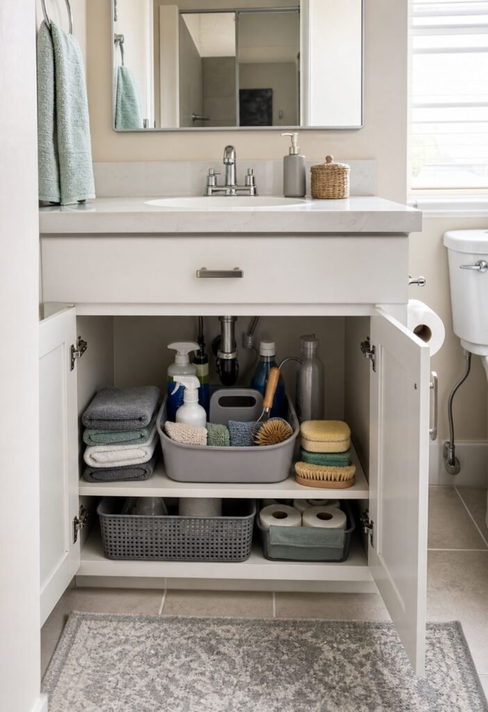 Bathroom cleaning supplies organized together in a handled caddy